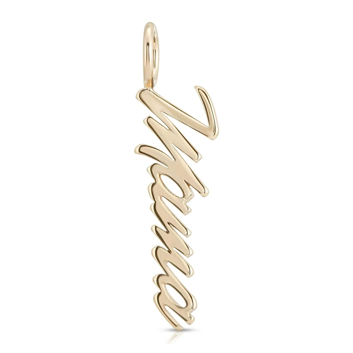 Gold Mama Pendant from Script Pendant Mama showing a stylish and meaningful jewelry piece