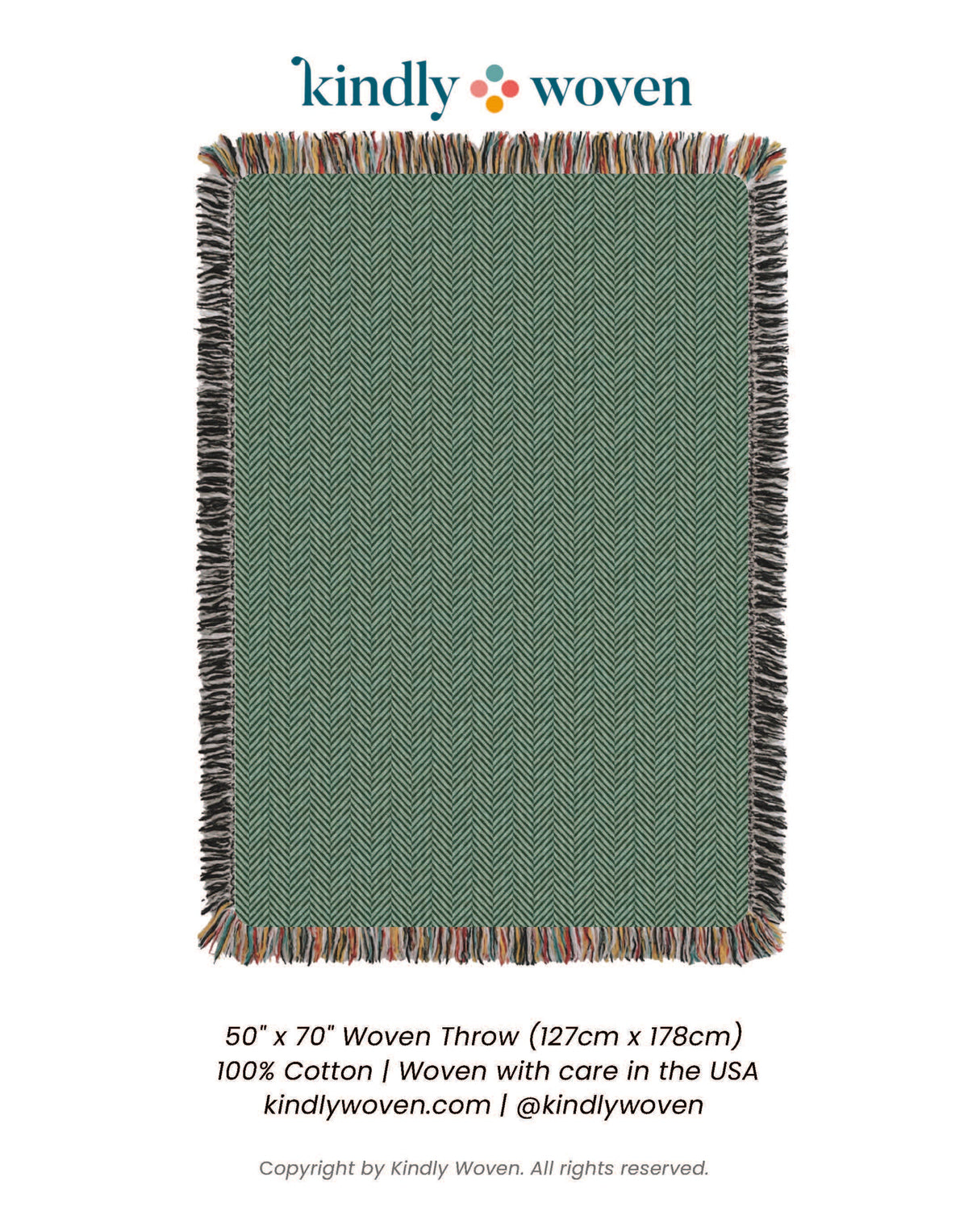 Full view of Henry Verbena green herringbone reversible woven throw blanket with fringe