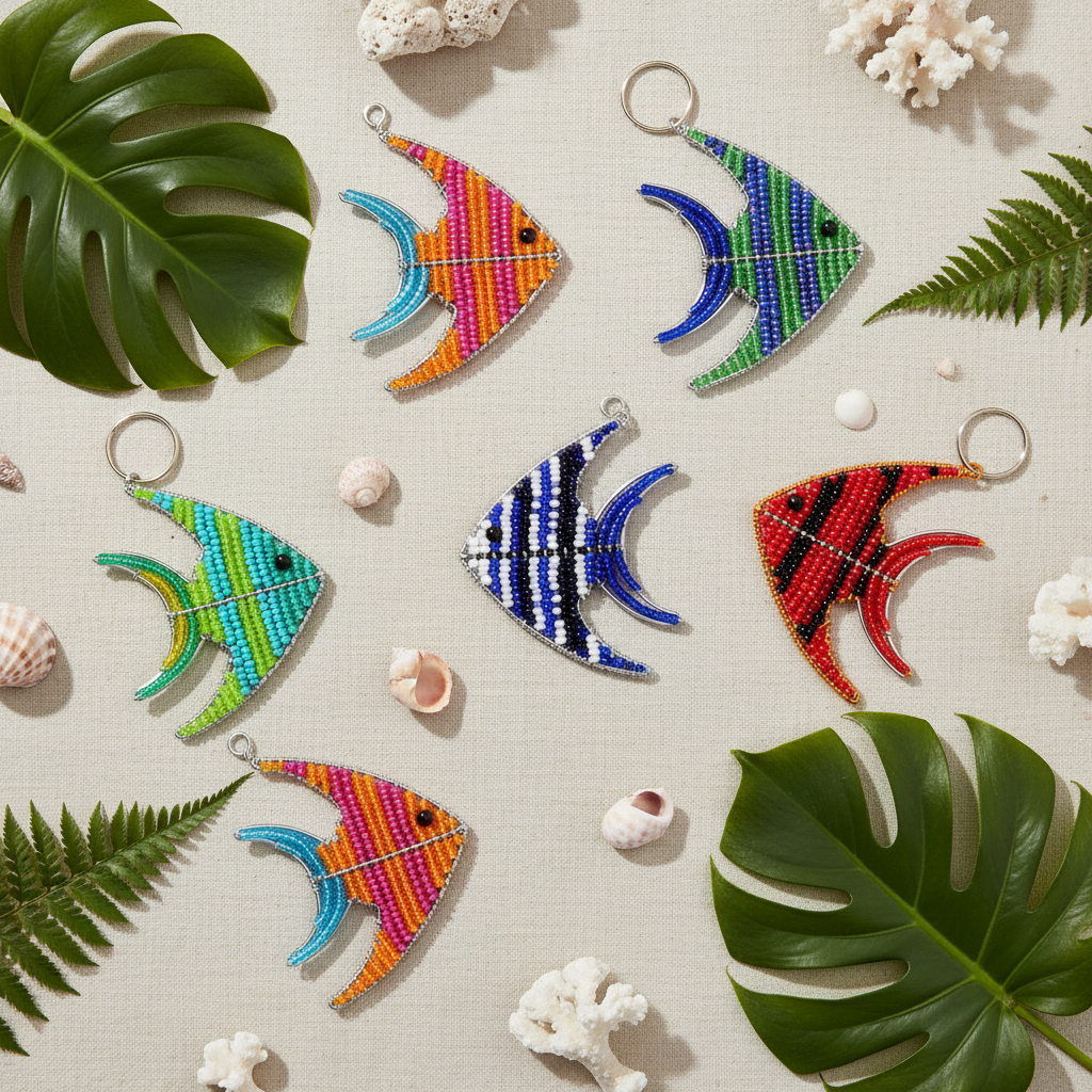 Angel Fish Keyring set of 6 flat lay with tropical shells and leaves
