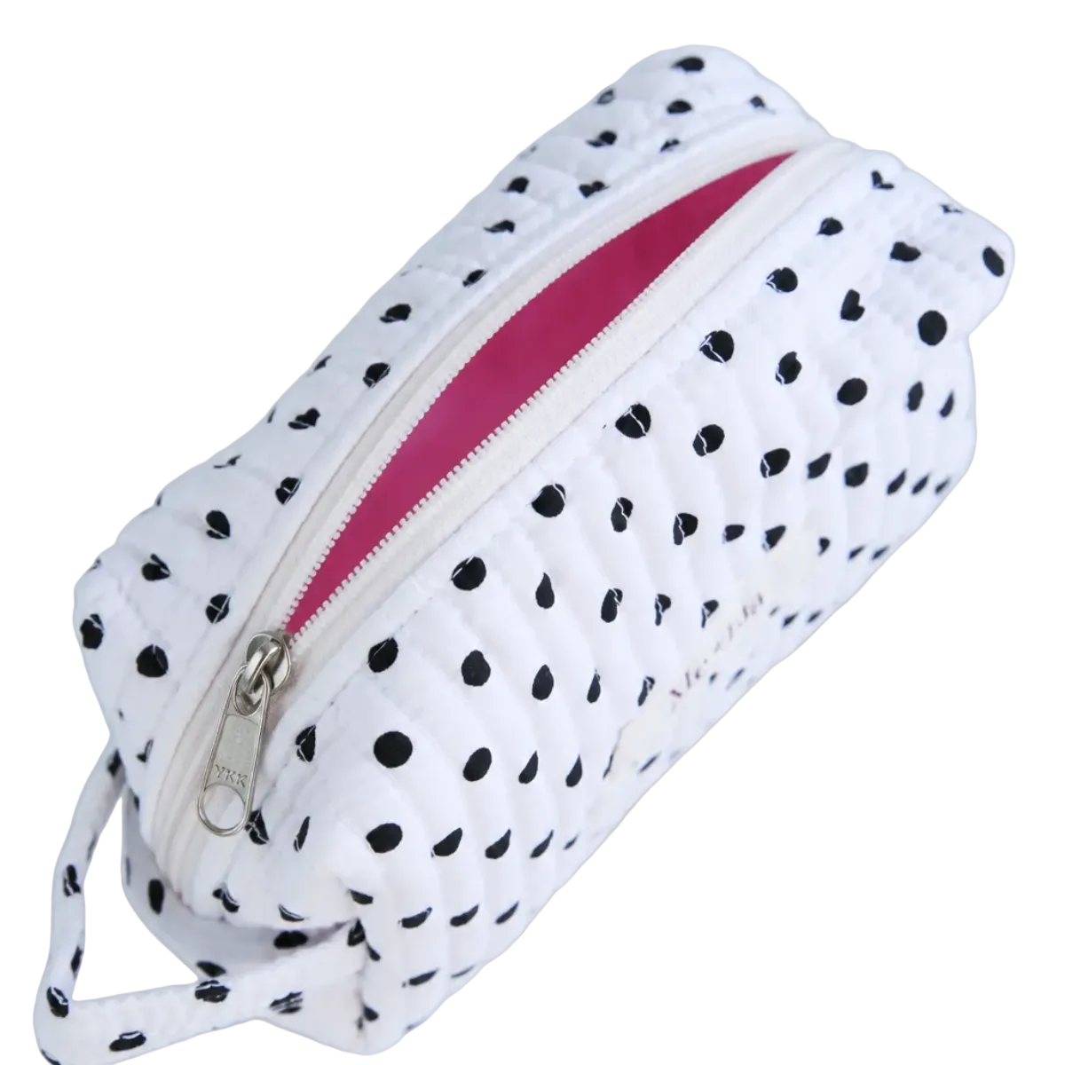 Polkadot Black Make-up Pouch Small detail — black and white polka dot print on cotton