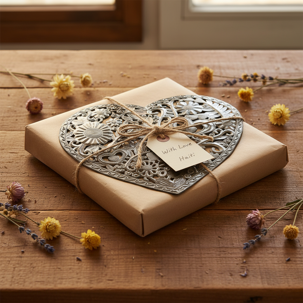 Hearts Galore Haitian metal wall art as a fair trade artisan gift with kraft paper and dried flowers