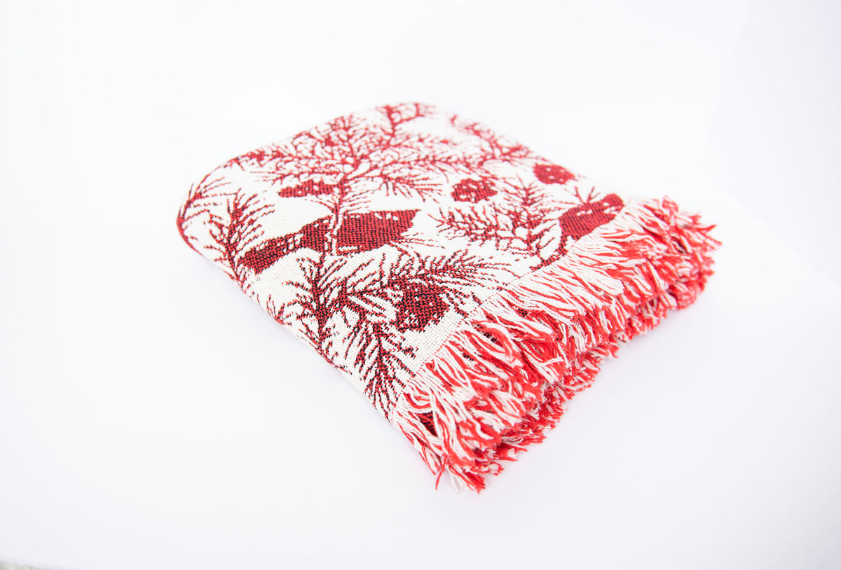 Folded Cherie Cranberry red cardinal Christmas reversible jacquard woven throw blanket