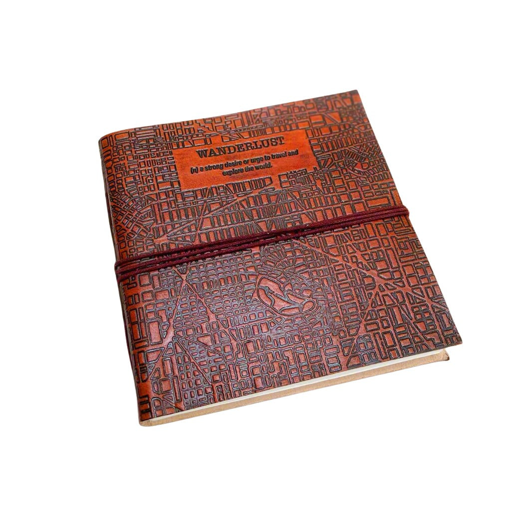 Leather journal with “Wanderlust” engraving – travel-inspired, handcrafted notebook for writing, sketching, and adventure journaling