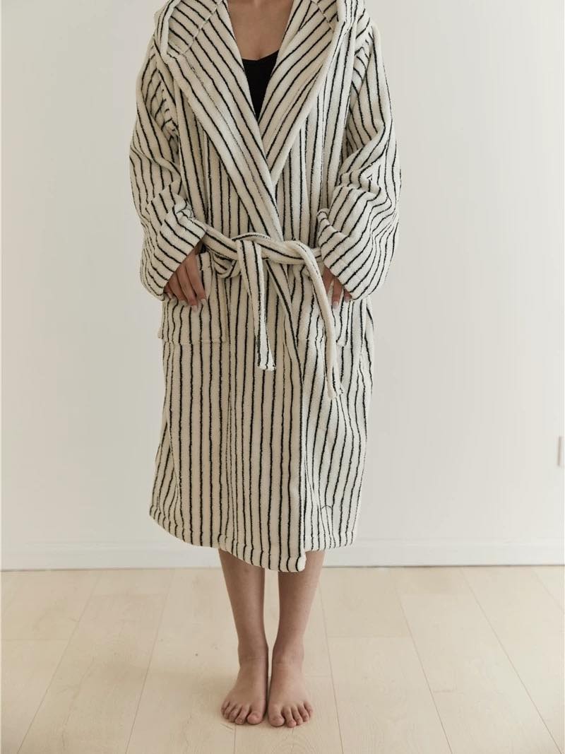 Retro 100% ORGANIC Long - stapled Cotton Hooded Stripe Bath Robe - Retro Striped Bath Robe - INSPECIAL HOME