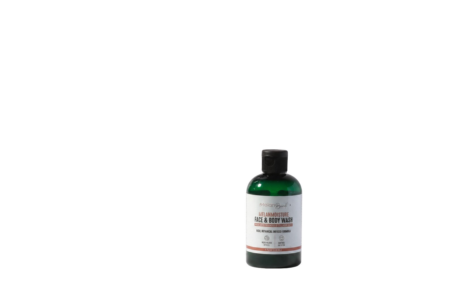 Bottle of Melano Moisture Face & Body Wash surrounded by bath items on a soapy background