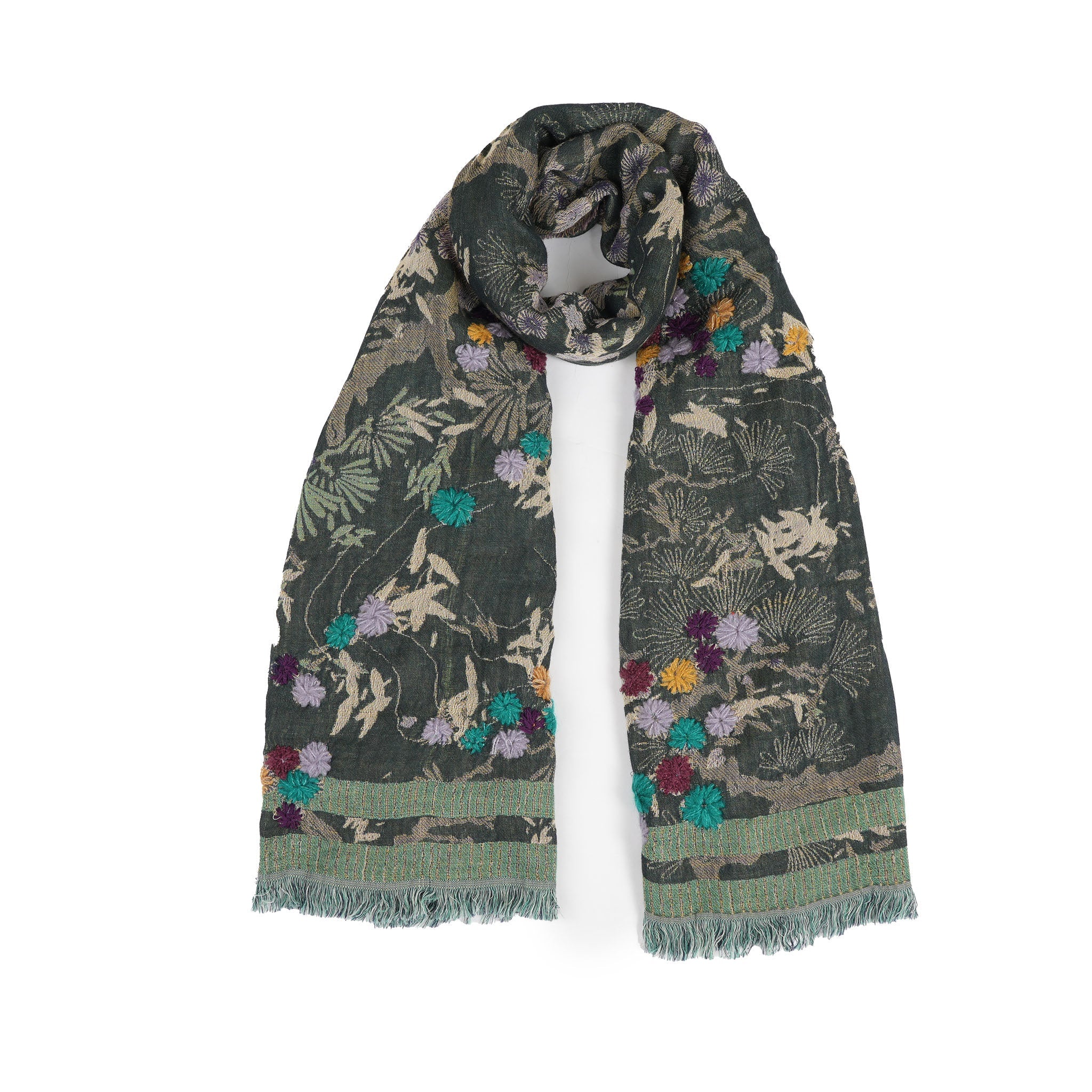 Botanica Embroidered Scarf -  Dark Olive