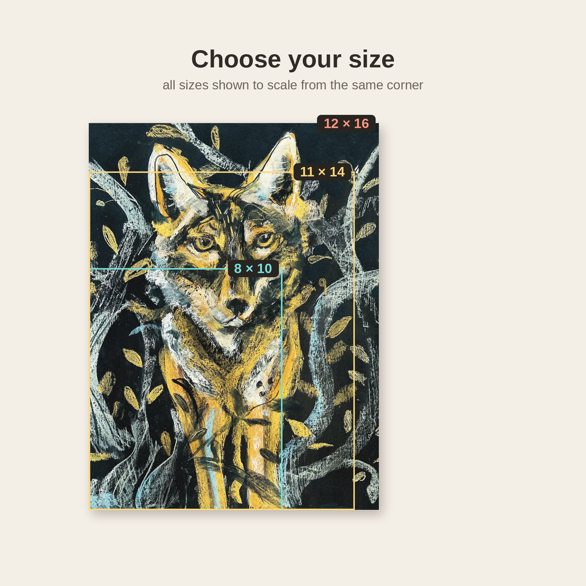 Coyote in the Woods moonlit folk art print, choose your size overlay