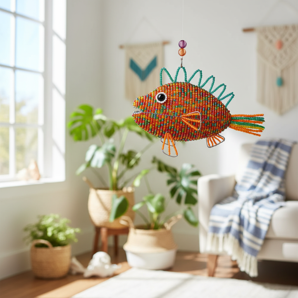 Colorful beaded speckle fish ornament hanging in a bohemian living room