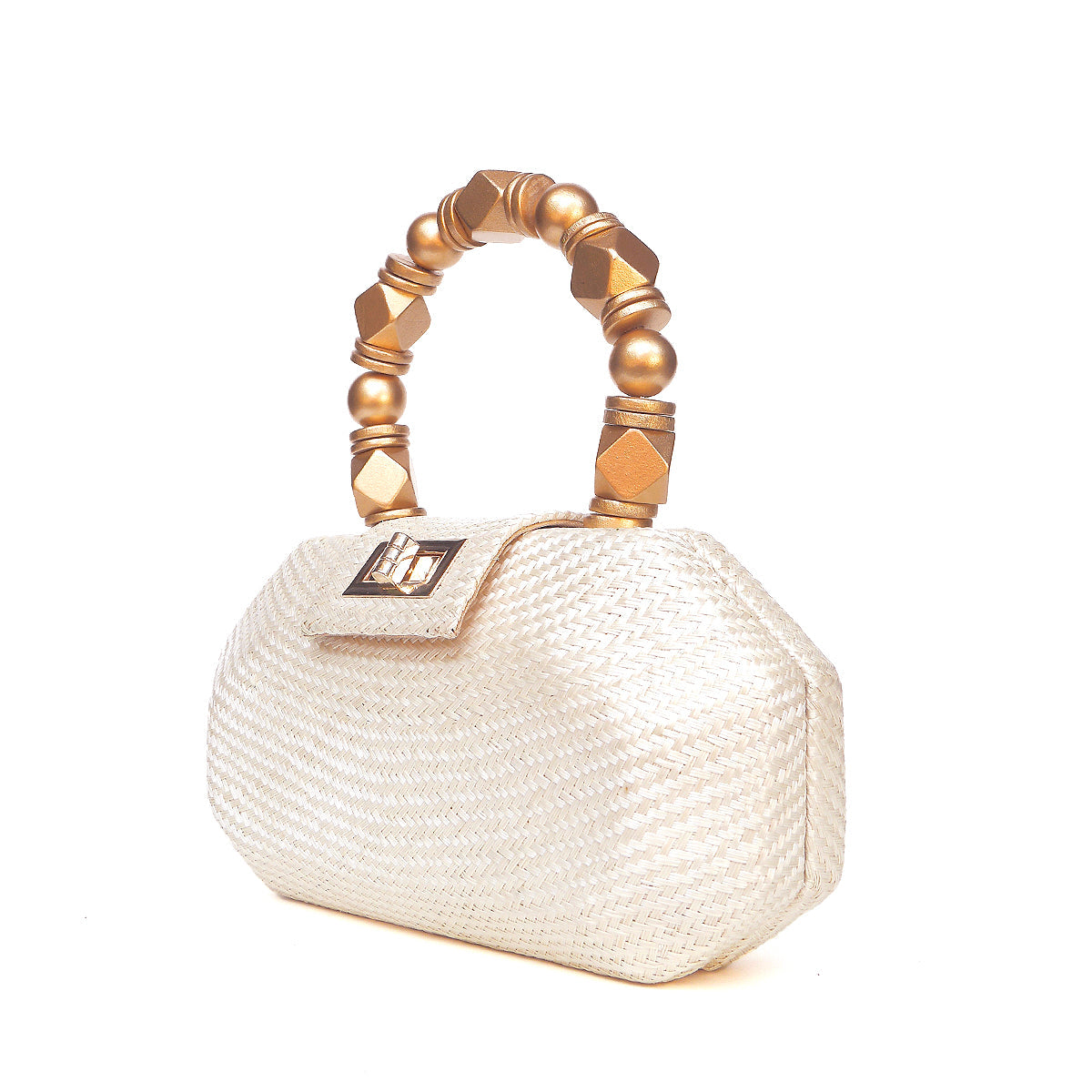 Side view of the Melia ivory woven straw evening bag with faceted structured body