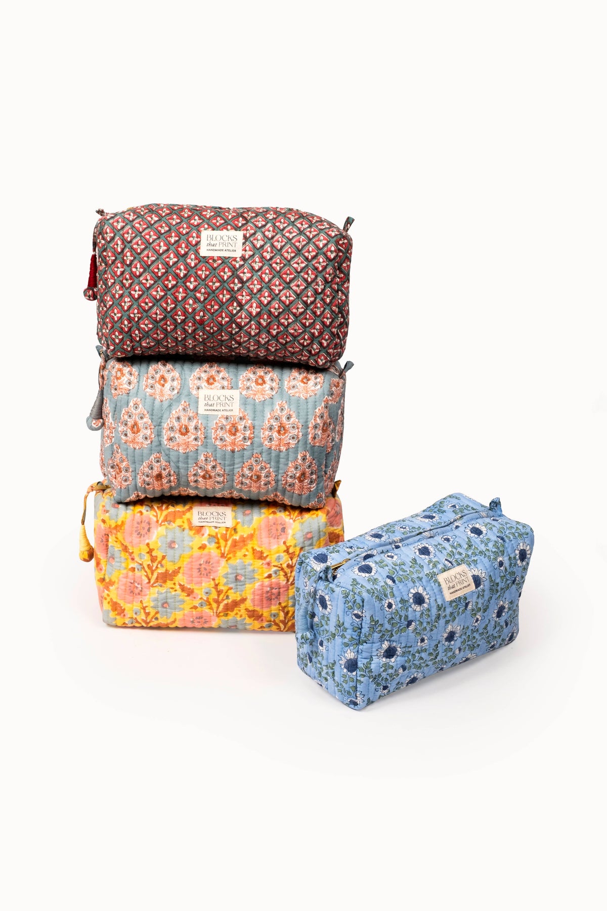 Large Block Print Quilted Travel Pouch - Holiday Crimson