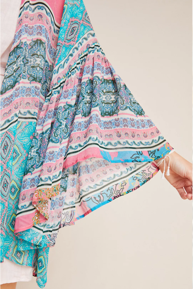 Mystical Garden Ruffle Sleeve Kimono - PaleTurquoise