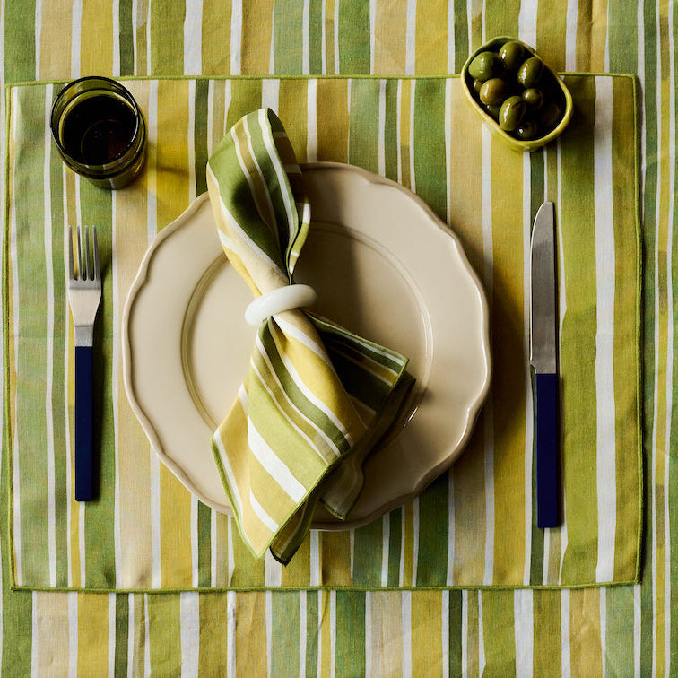 Lagos Stripe linen placemat 15x18 flat lay showing bold hand-painted stripe detail - Goldie Home