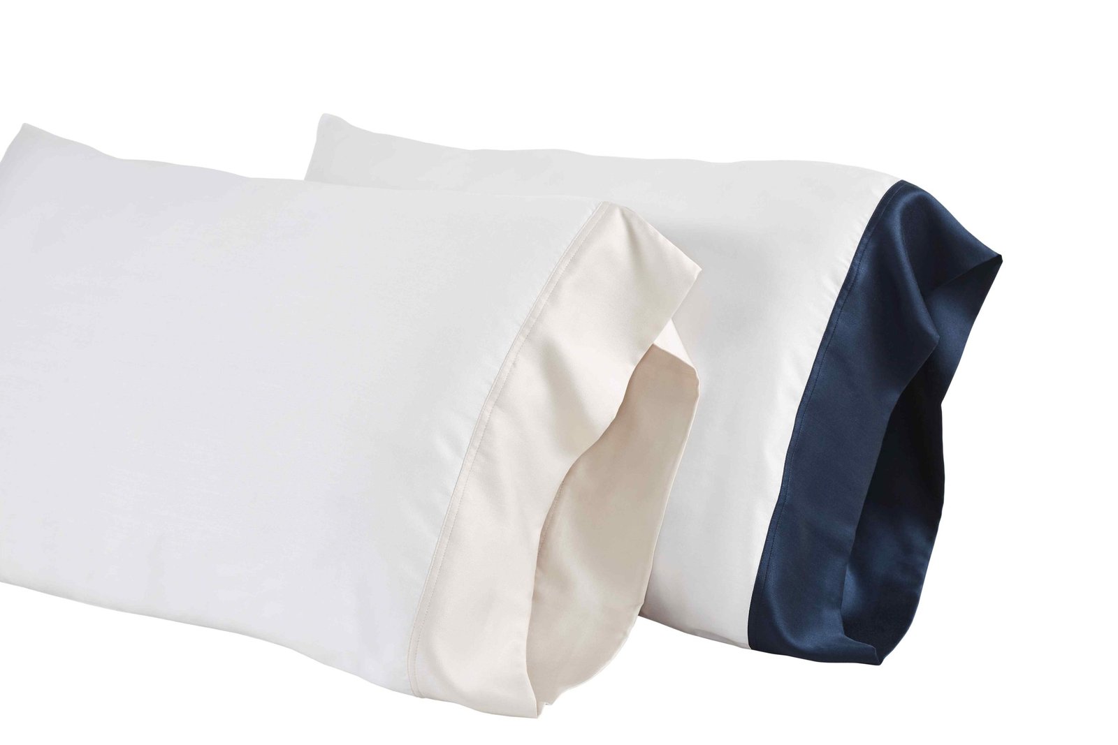 AKP-512-2040_2|Two 100% Lyocell pillowcases: white with beige border, white with navy border. Cooling, soft sateen luxury. (117)