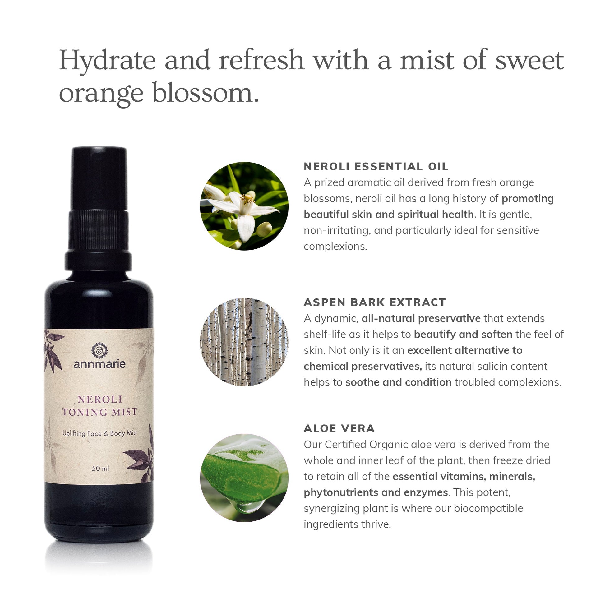 Annmarie Neroli Toning Mist ingredient graphic highlighting neroli essential oil, aspen bark extract, and aloe vera for hydration.
