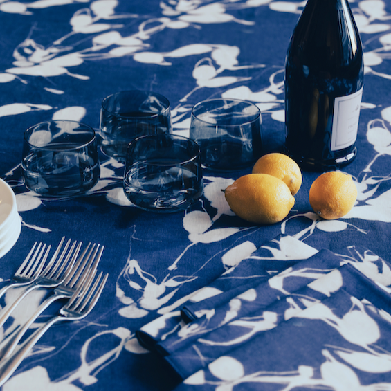 Porto Print Indigo linen dinner napkin set of 4 flat lay close up detail - Goldie Home