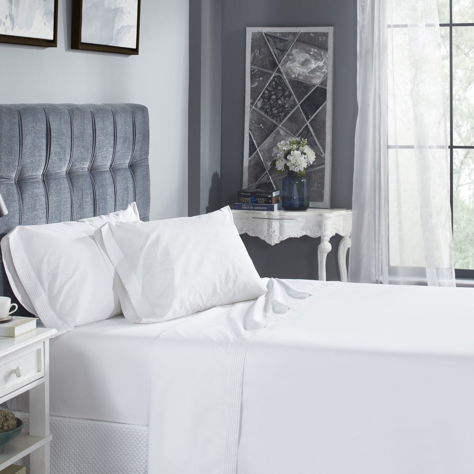 KSS-521-7880_1|Fresh white 100% cotton sheet set with subtle pleated hem, creating a clean and inviting modern bed.