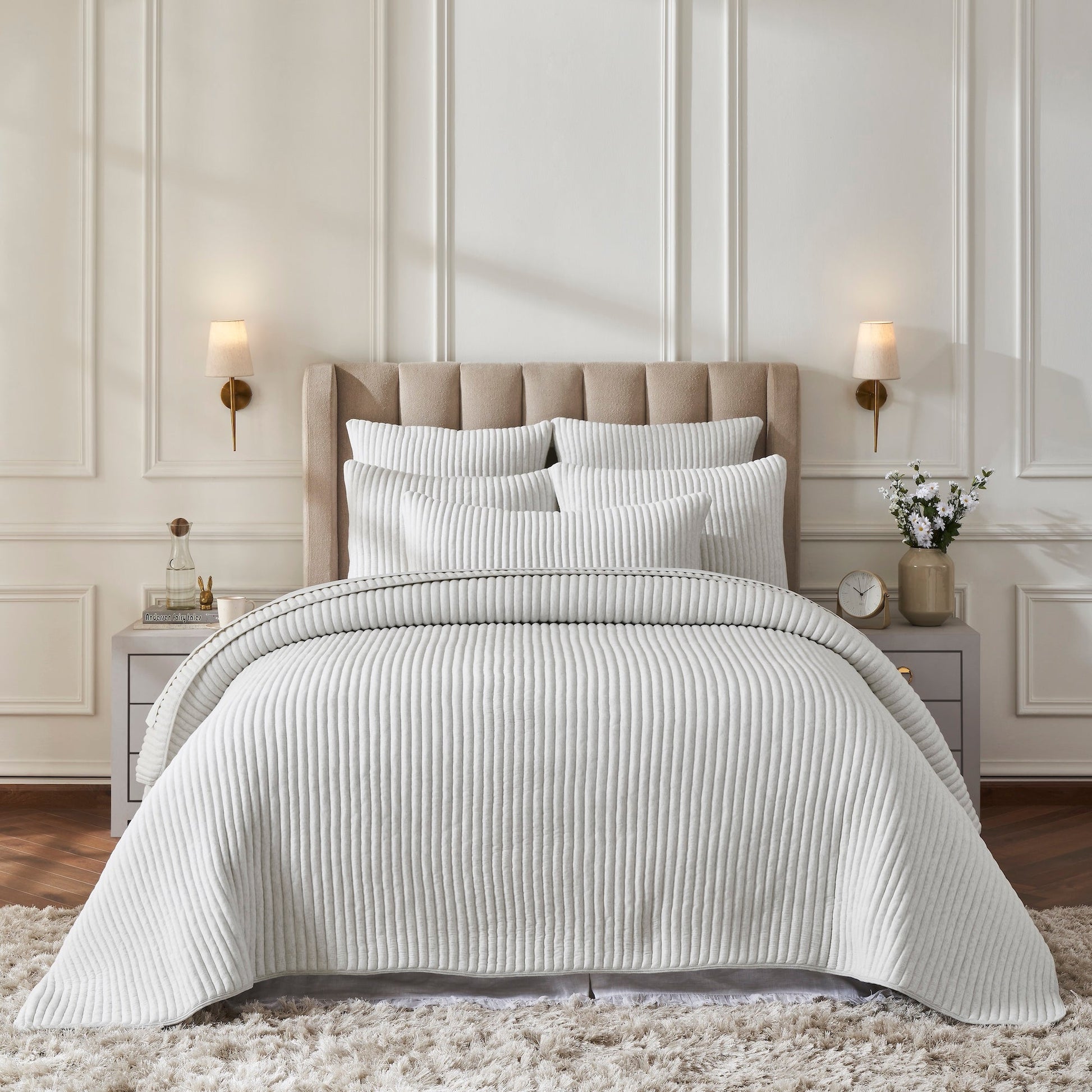 QT-374-9496_1|Elegant light grey ribbed quilt set dresses a stylish bedroom, featuring a luxurious textured design for modern comfort.