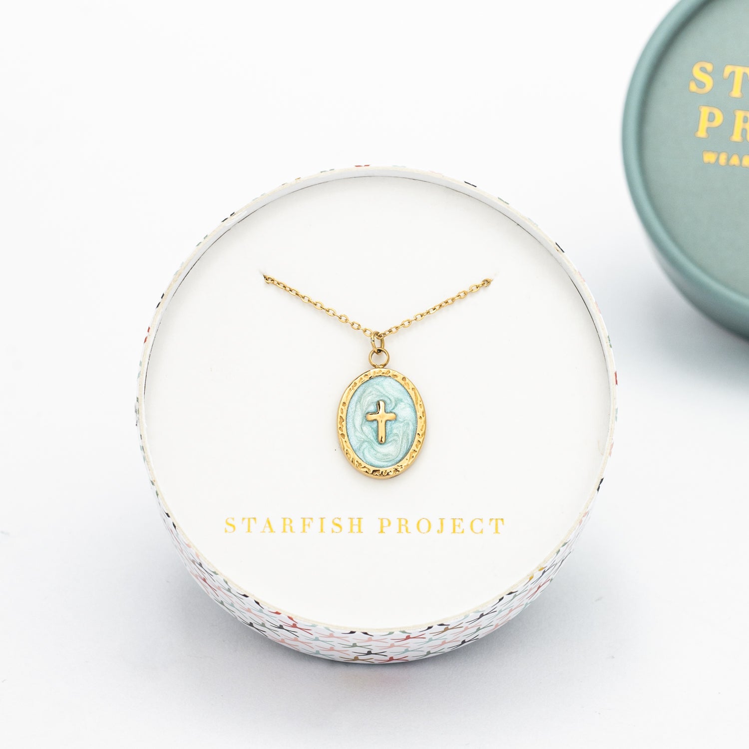 Starfish Project brand gift box, gold necklace with cross, cross necklace jewelry, necklace with cross center, blue necklace, jewel stores, gift for mom for Mother's day
