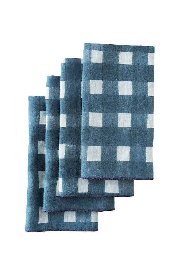Blue Cross-Hatch linen dinner napkin set of 4 with painterly brushstroke cross-hatch in cool blue - Goldie Home