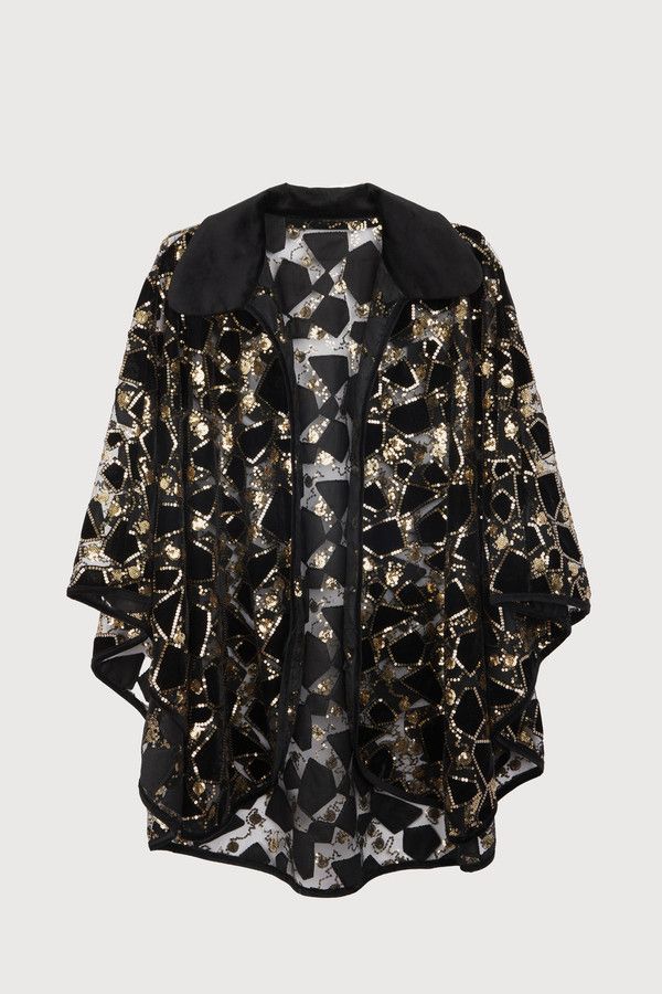Velvet Sequin Collared Capelet - Black