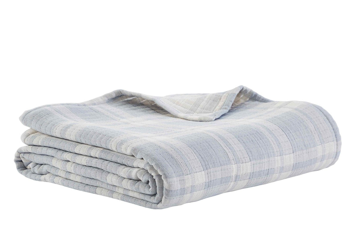 BT-117-11096_3|Neatly folded light blue and white plaid blanket, offering a refreshing and cozy addition to any home decor.