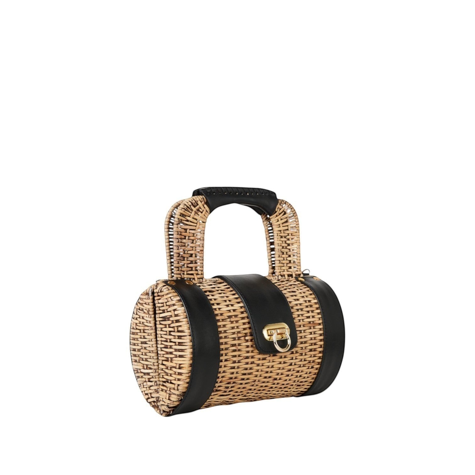 Shop Sarah Stewart Jordan Handbag: Natural wicker barrel bag with black lambskin trim and gold hardware. Top handle.