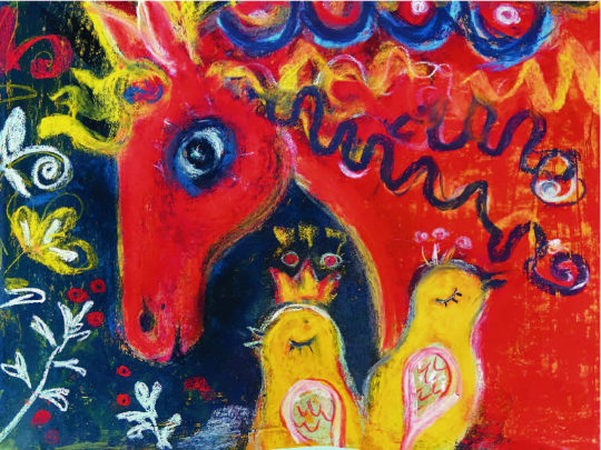 Whimsical Folk Art Print, Horse and Birds in Red and Yellow, Playful Nursery Art, Soft Pastel Painting, Colorful Studio Art, Folk-Style - Leopard Frog