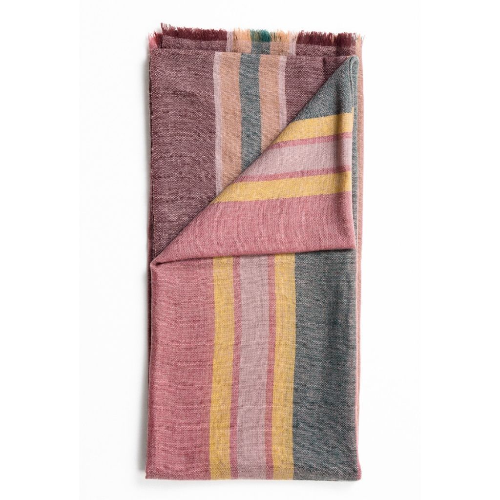Barque Clay Modern Artisan Striped Soft Merino Handwoven Scarf displayed with unique colors and soft texture.