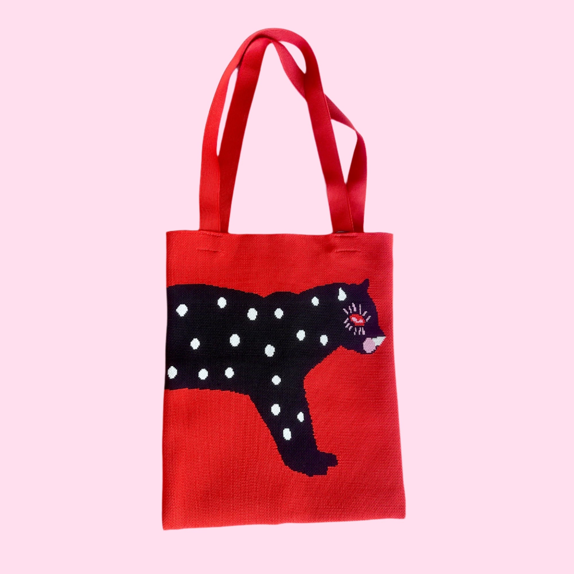 Beautiful polka cat tote bag knitted red pink and white black cat
