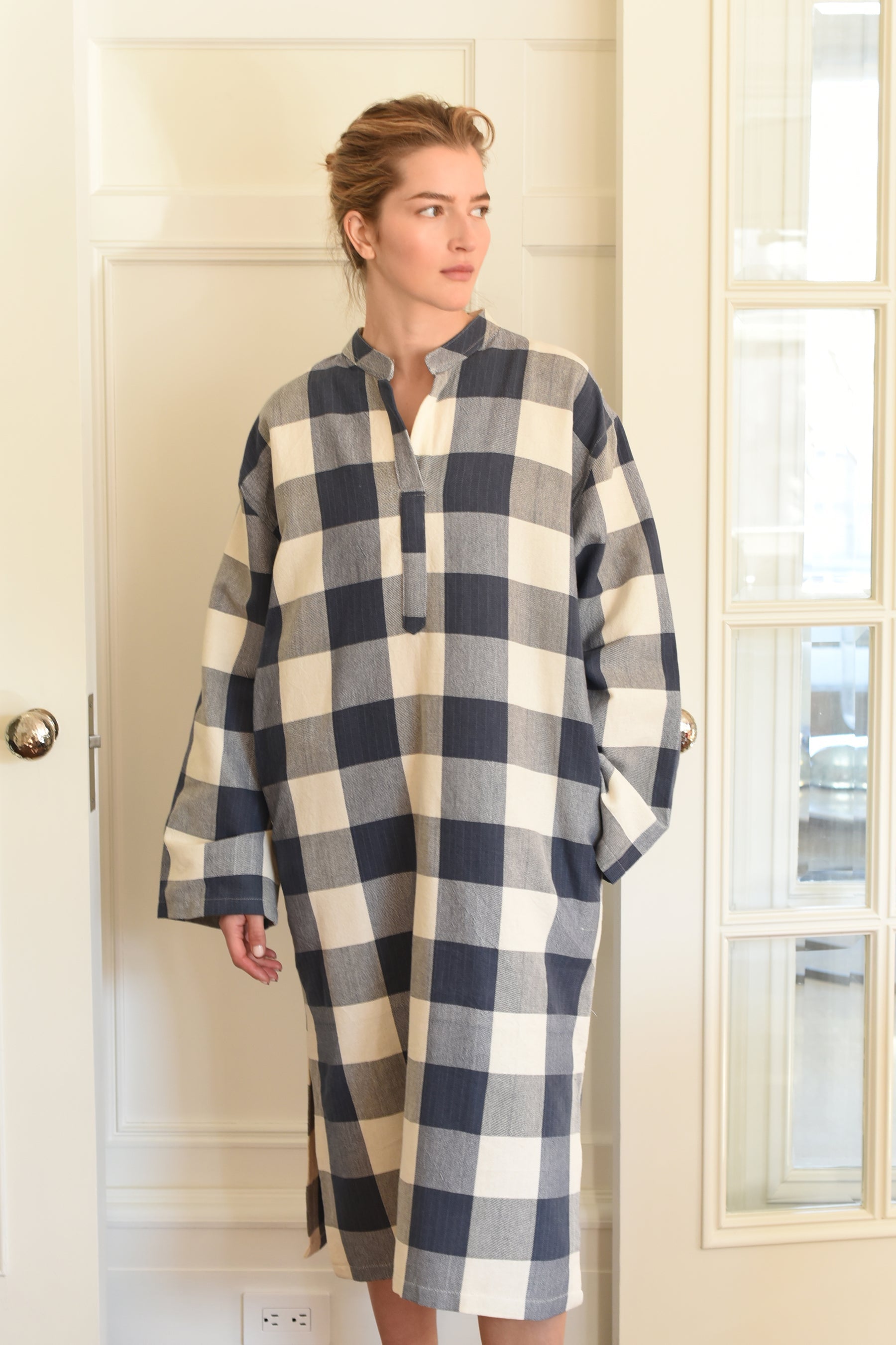 home and loft buffalo check long sleeve maxi kaftan cotton dress womens