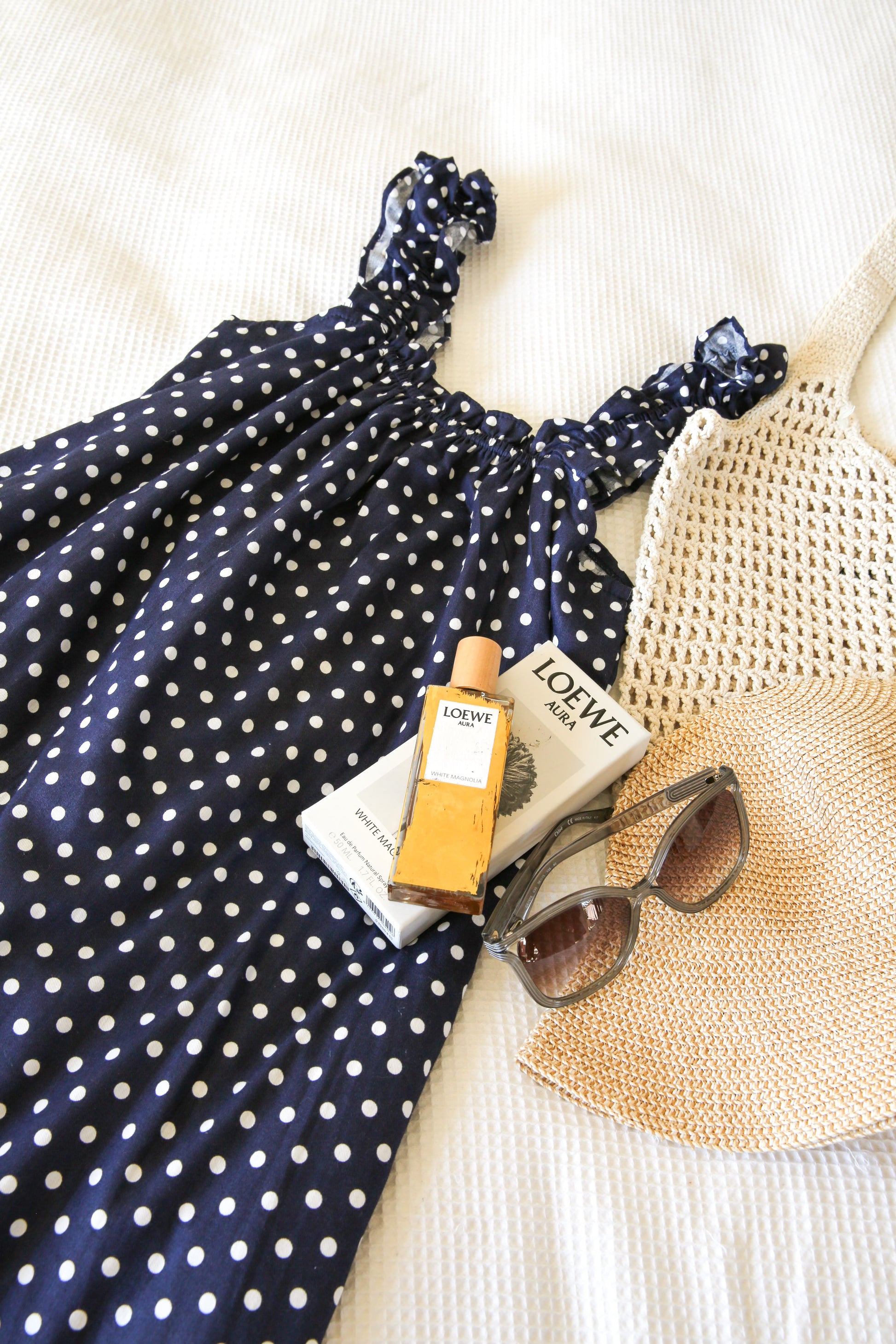 Mila Navy full length — women's premium cotton mini dress in navy polka dot