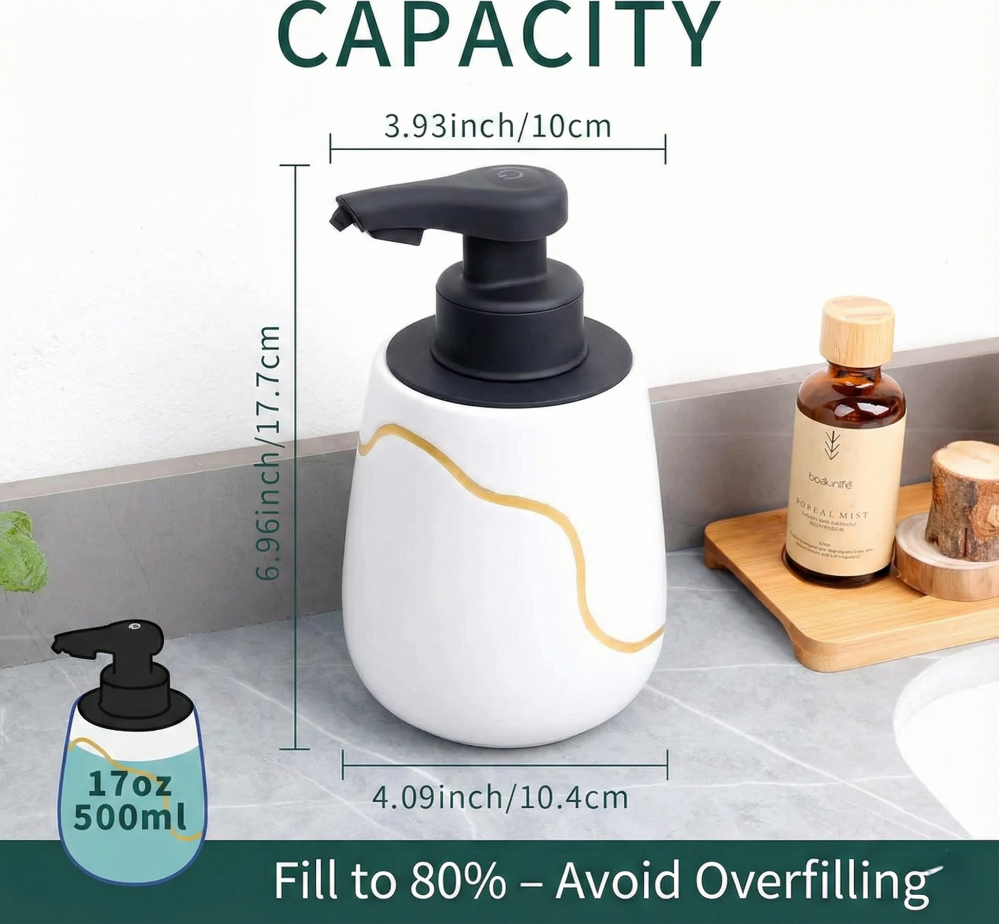 Capacity and dimensions diagram for the white and gold BosilunLife Nordic Garden automatic foaming soap dispenser. The 17oz (500ml) recycled eco-clay bottle measures 6.96 inches tall by 4.09 inches wide, including a usage warning to fill to 80% to avoid overfilling.