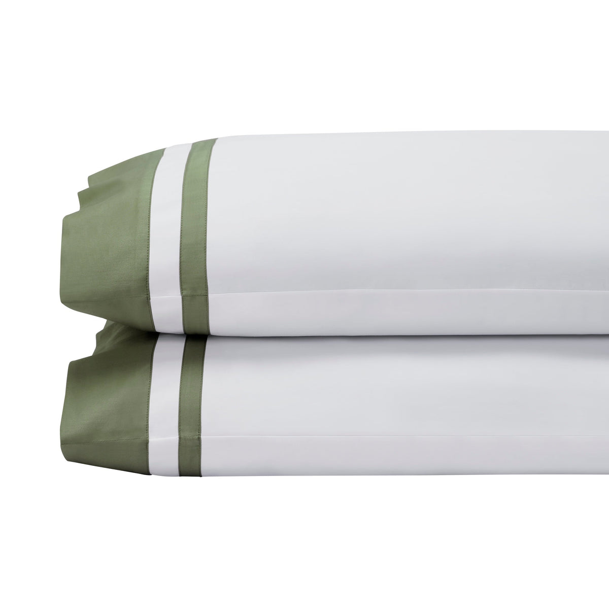 AKP-548-2040_2|White 100% cotton flat sheet and two pillow shams with navy blue double stripe borders. Smooth sateen weave texture.