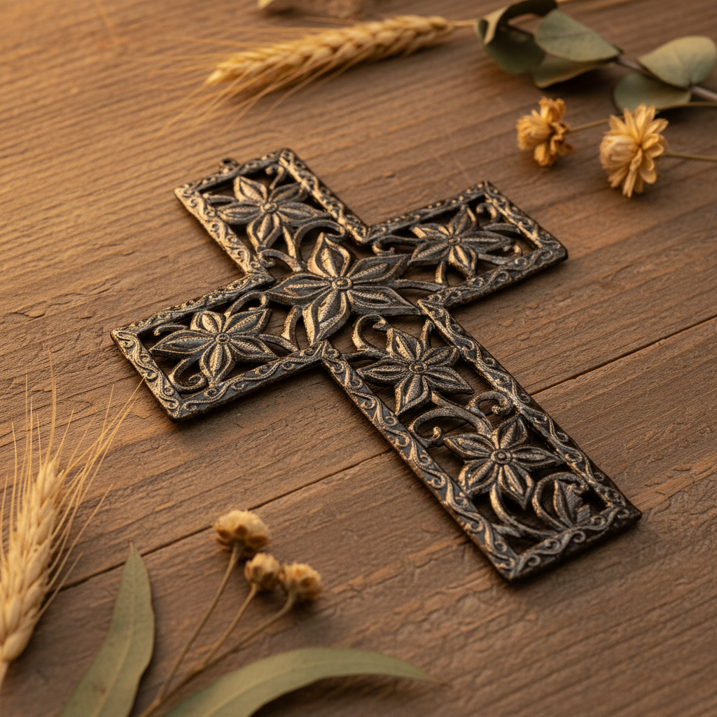 Flowery Cross Haitian metal art cross artisan detail close-up