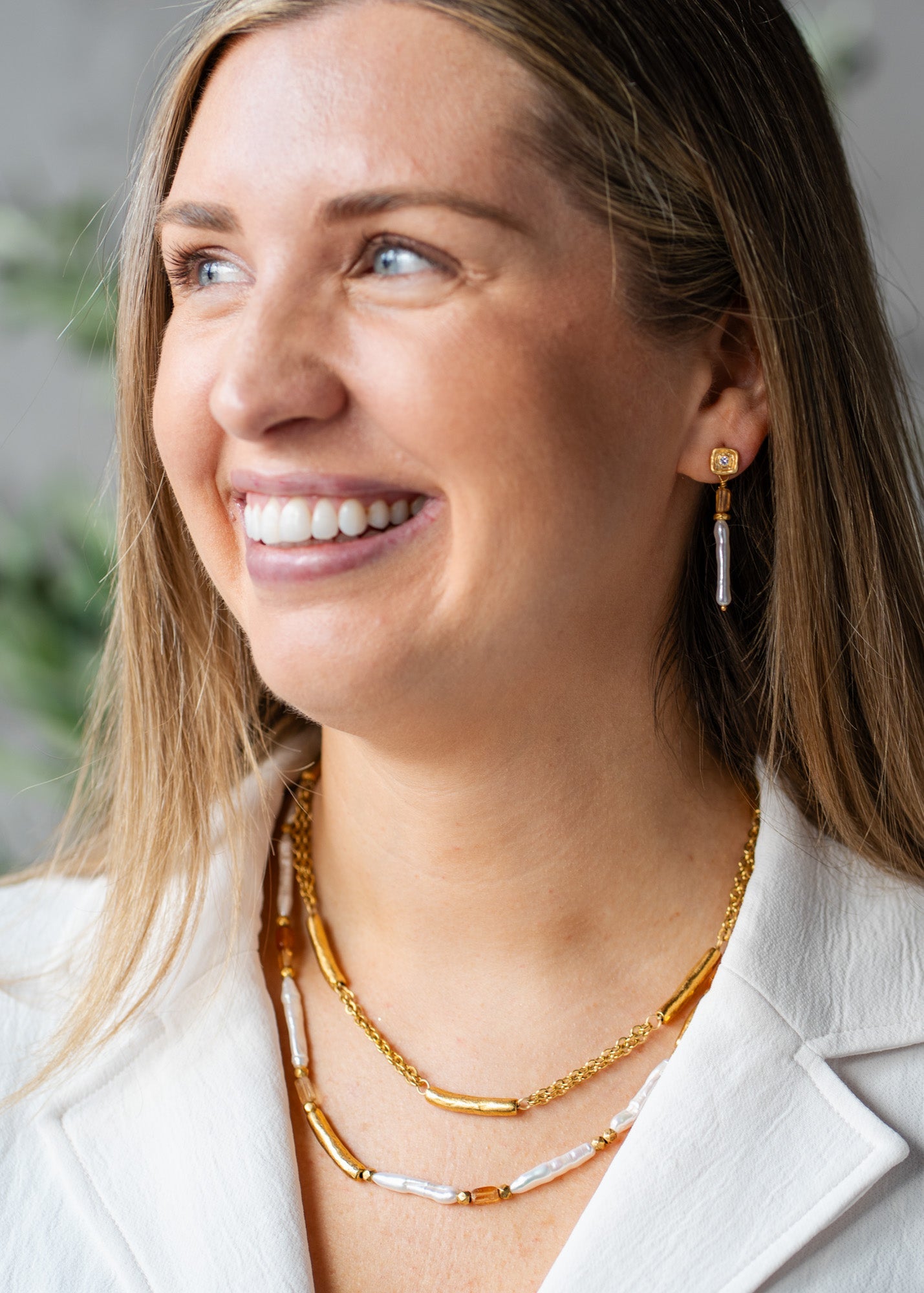 Biwa Pearl and Hessonite Garnet beaded necklace with gold accents on adjustable chain