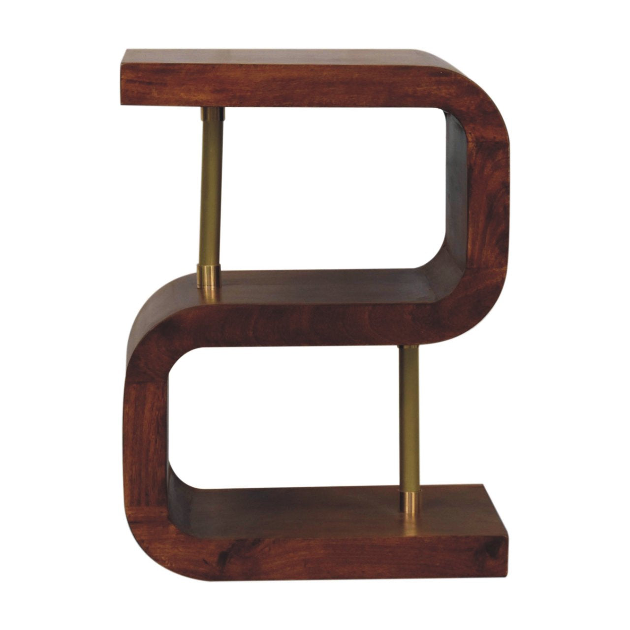 Solid Wood S-curve Brass Bedside, 2 Open-Storage, Dark Brown