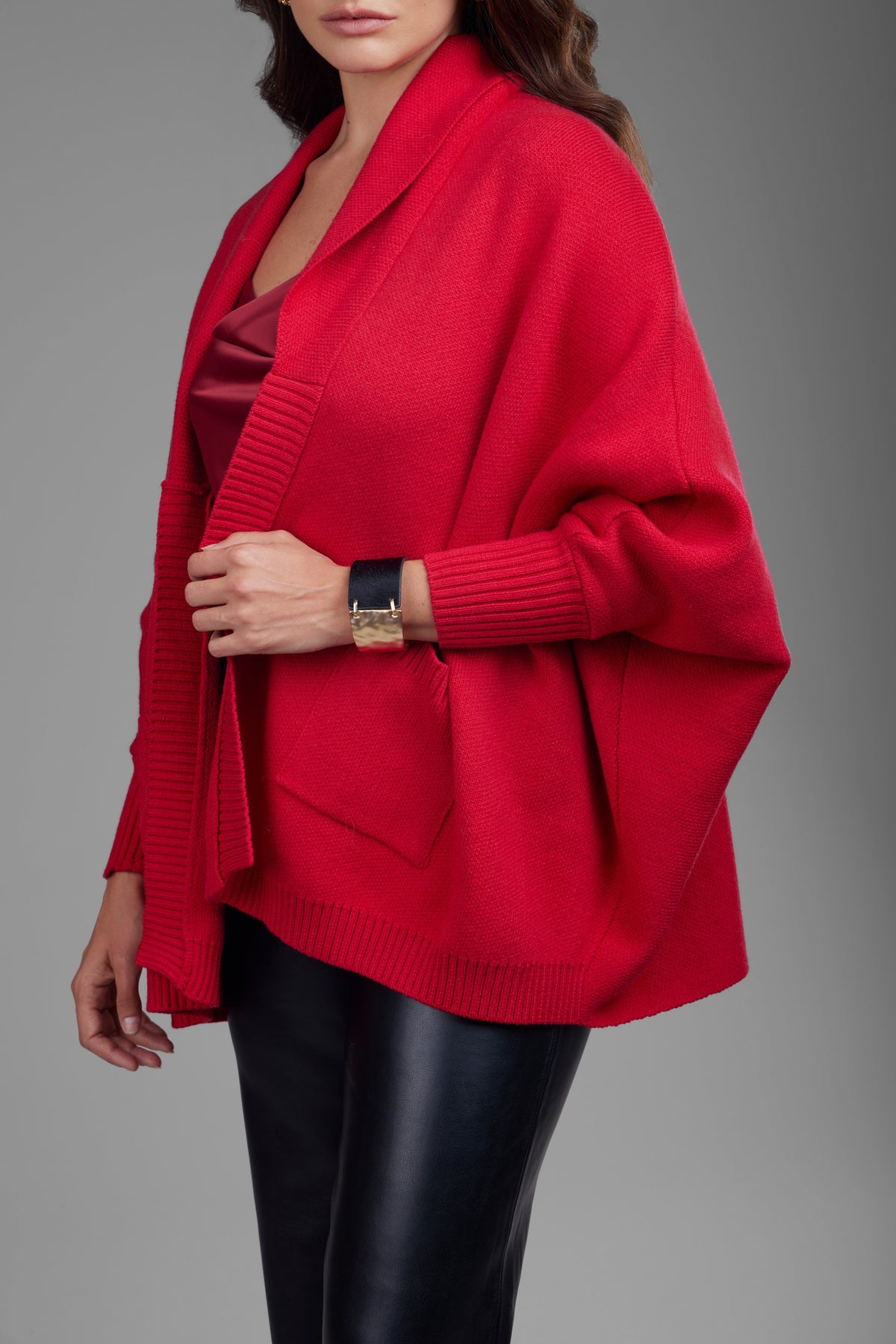Open Front Oversized Cardigan Sweater - Red