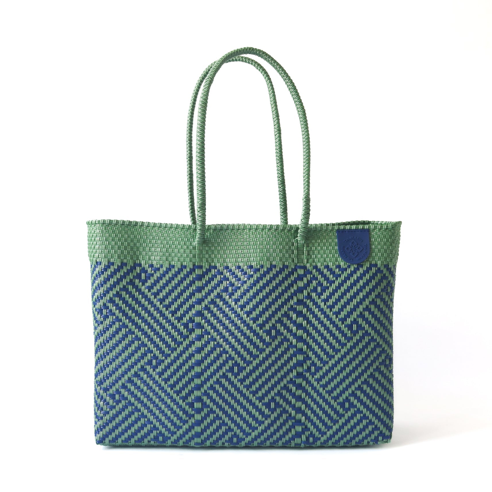 Tin Marin super tote in palmera Design, A blue and green geometric oversized tote bag with a shoulder strap.