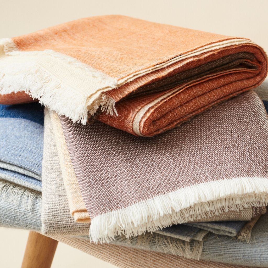Chestnut Orange Cream Brown Color Block Handwoven Soft Merino Throw - Thumbnail 3