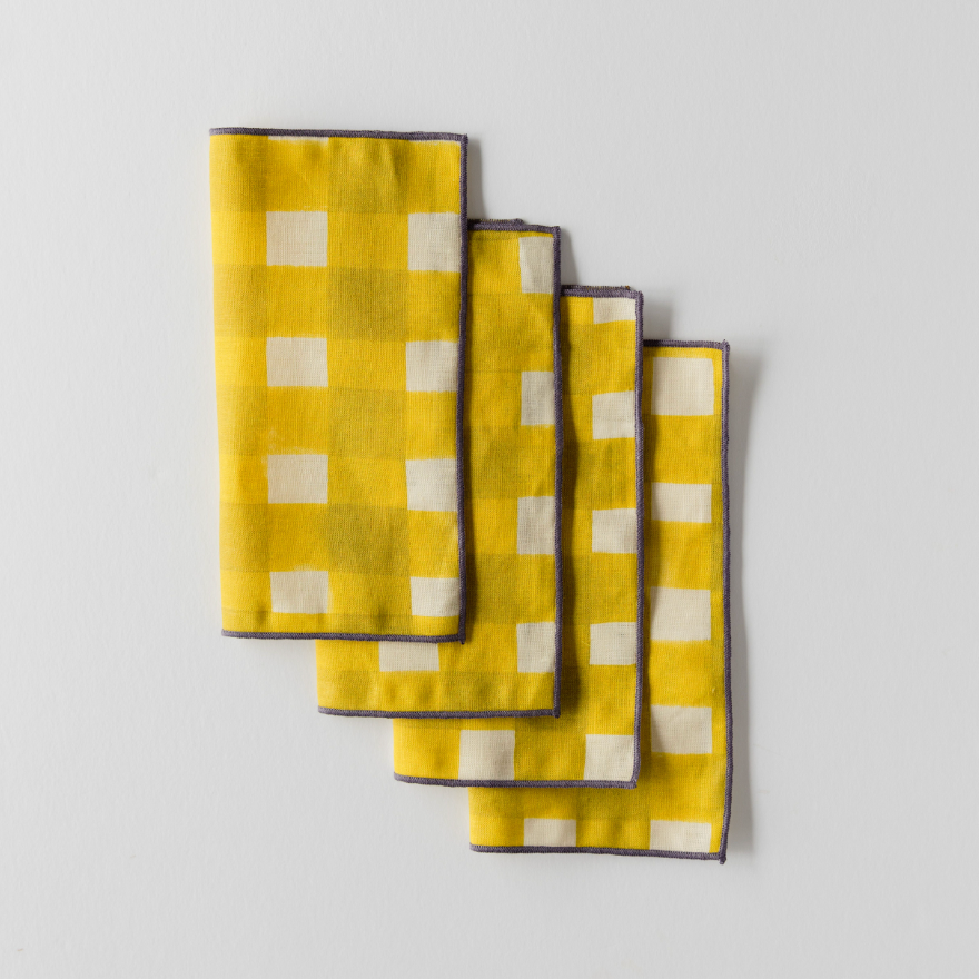 Yellow Cross-Hatch linen cocktail napkins flat lay detail - Goldie Home