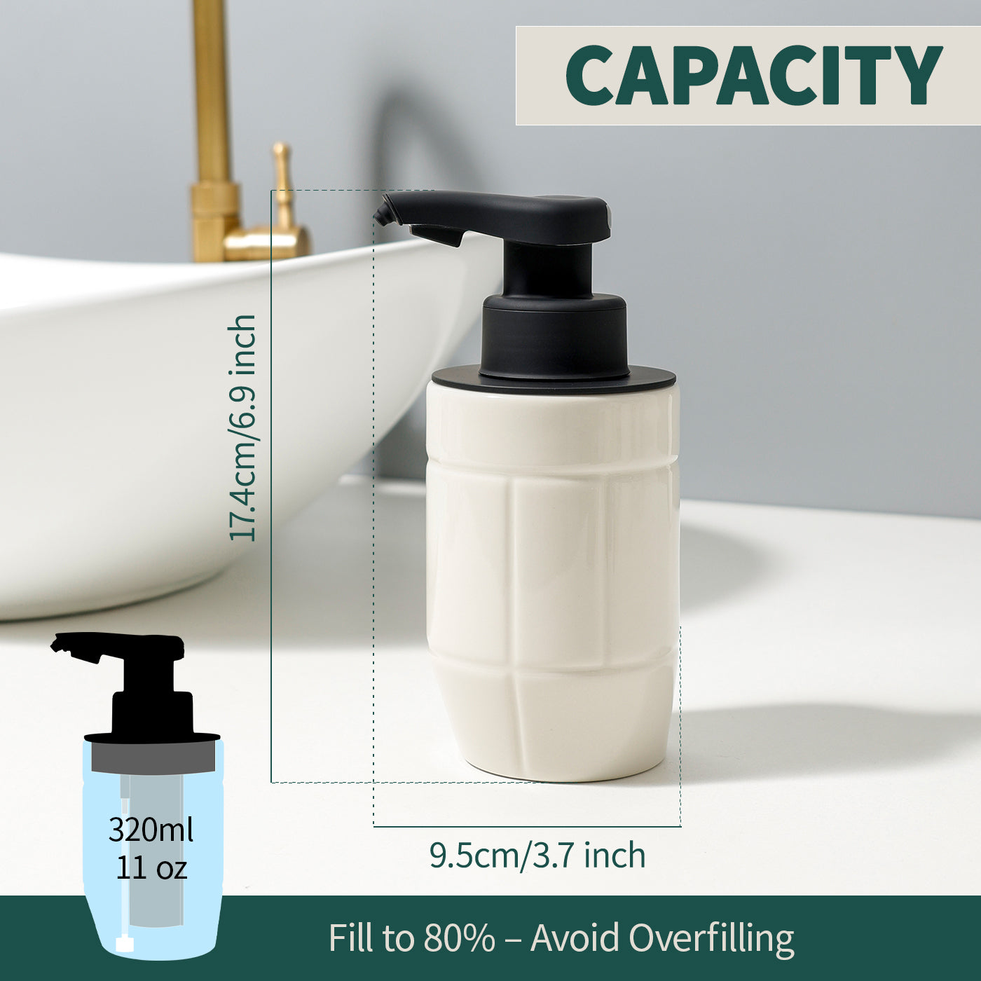 Technical dimension chart for the BosilunLife Eco-Brutalism automatic soap dispenser in off-white recycled eco-clay. Styled next to a washbasin, the unit measures 17.4 centimetres (6.9 inches) tall and 9.5 centimetres (3.7 inches) wide. An inset graphic details a 320 ml (11 oz) capacity, with a text prompt advising to fill to 80% to avoid overfilling.