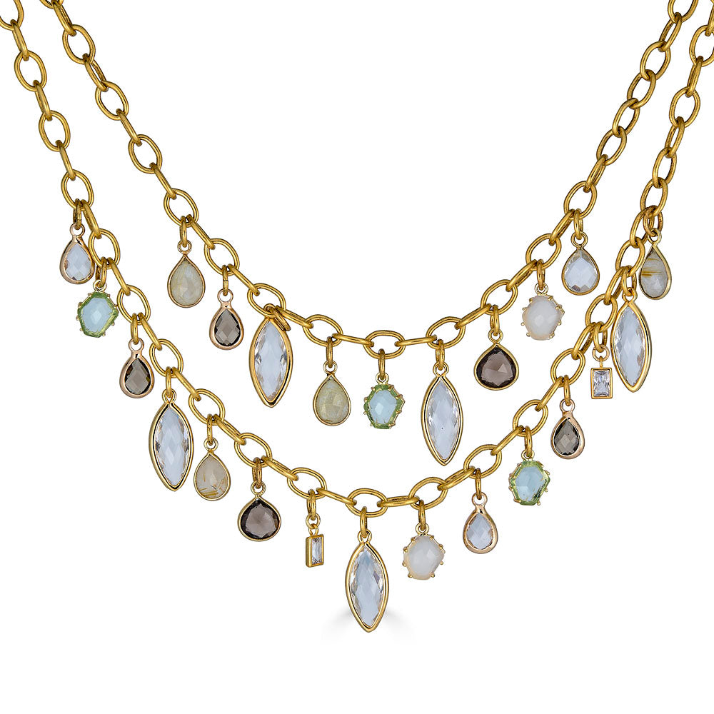 Double-strand Layered Gemstone Charm Necklace with faceted gemstone drops in gold, handcrafted by Loni Paul Jewelry.