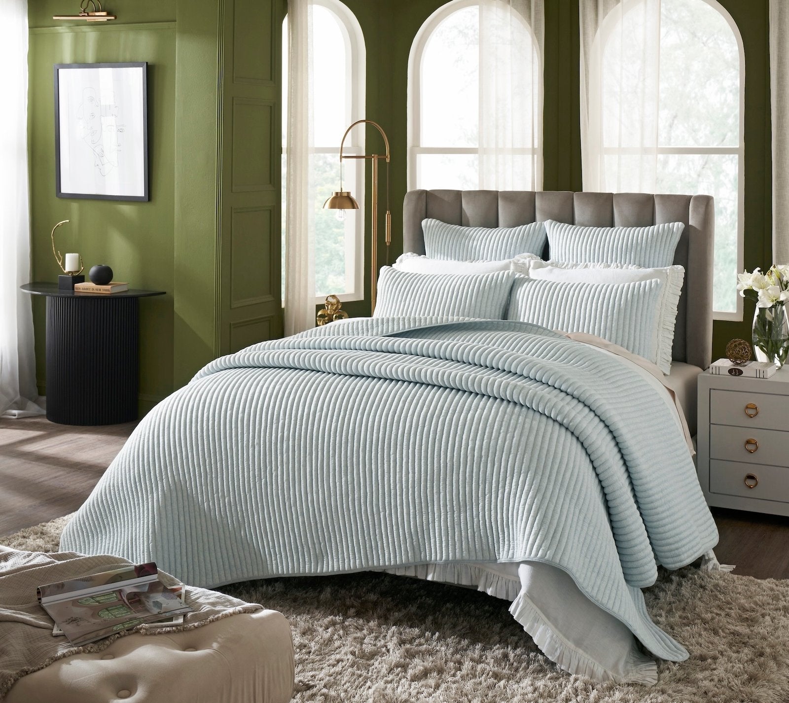 QT-369-9496_2|Chic light blue ribbed quilted bedspread, providing contemporary style and inviting comfort to elevate any bedroom decor.