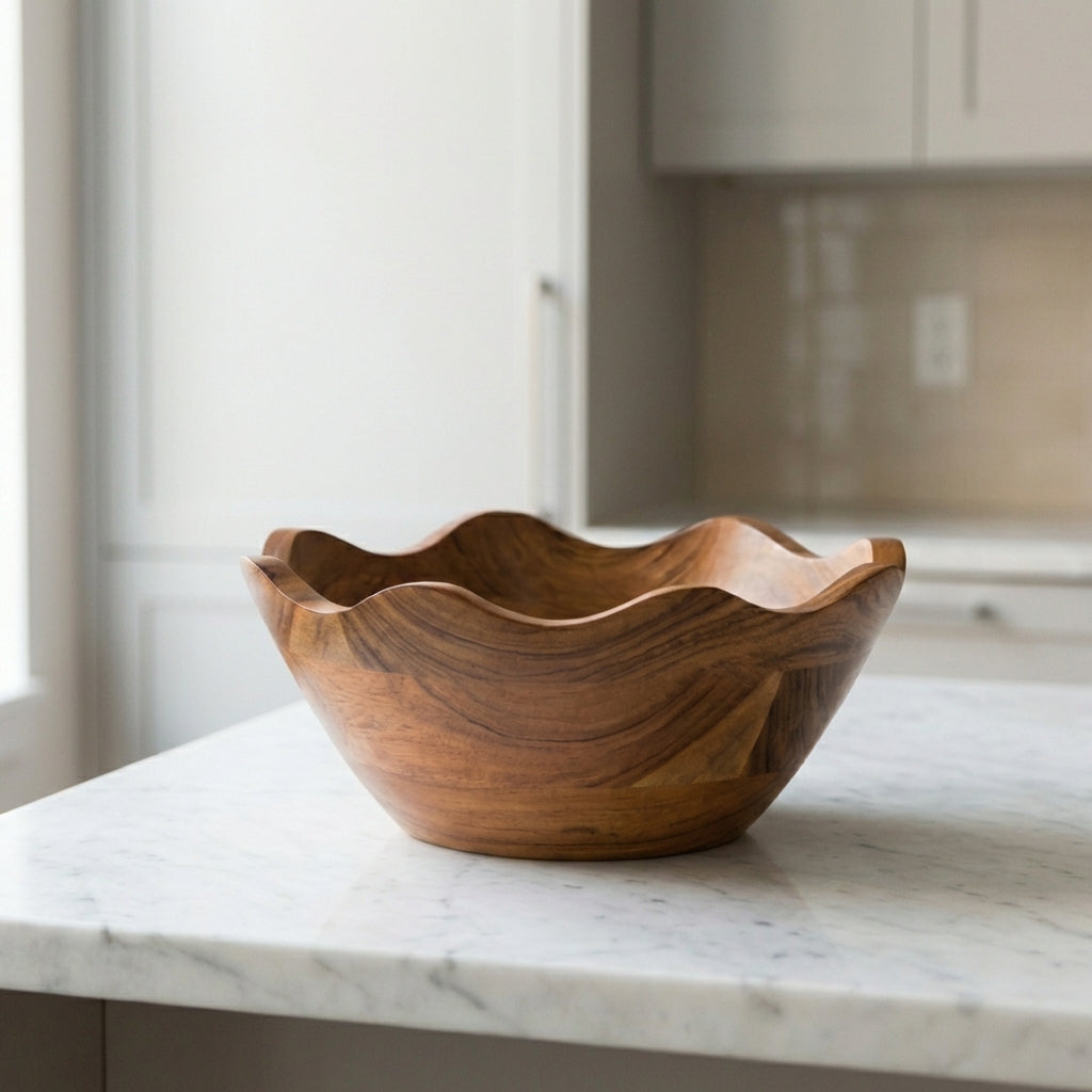 Elegant wooden fruit bowl centerpiece on a white marble kitchen countertop.
