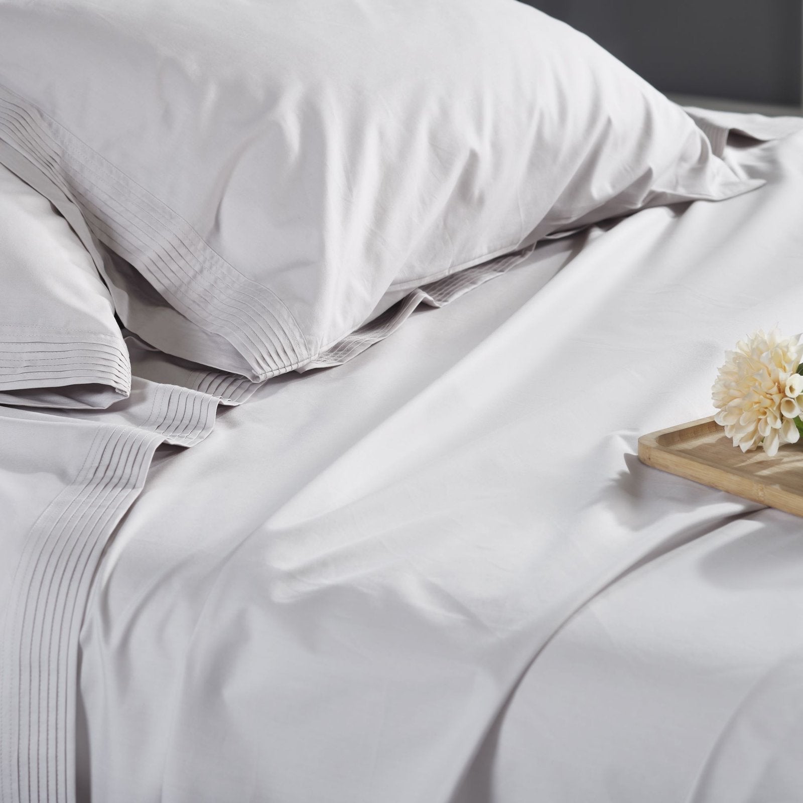 KSS-523-7880_3|Luxurious light grey 100% cotton sheets with sophisticated vertical pleat detailing, enhancing modern bedroom style.