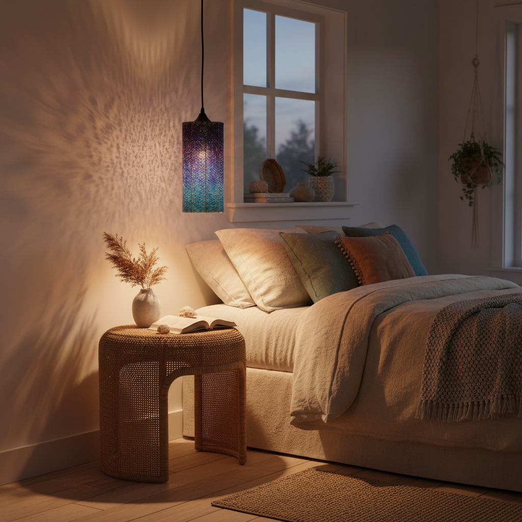 Pendant Deep Blue Sea beaded pendant light in a bohemian bedroom