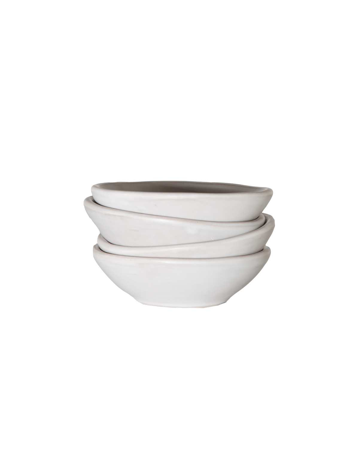 Set of three white ceramic bowls stacked on a white background