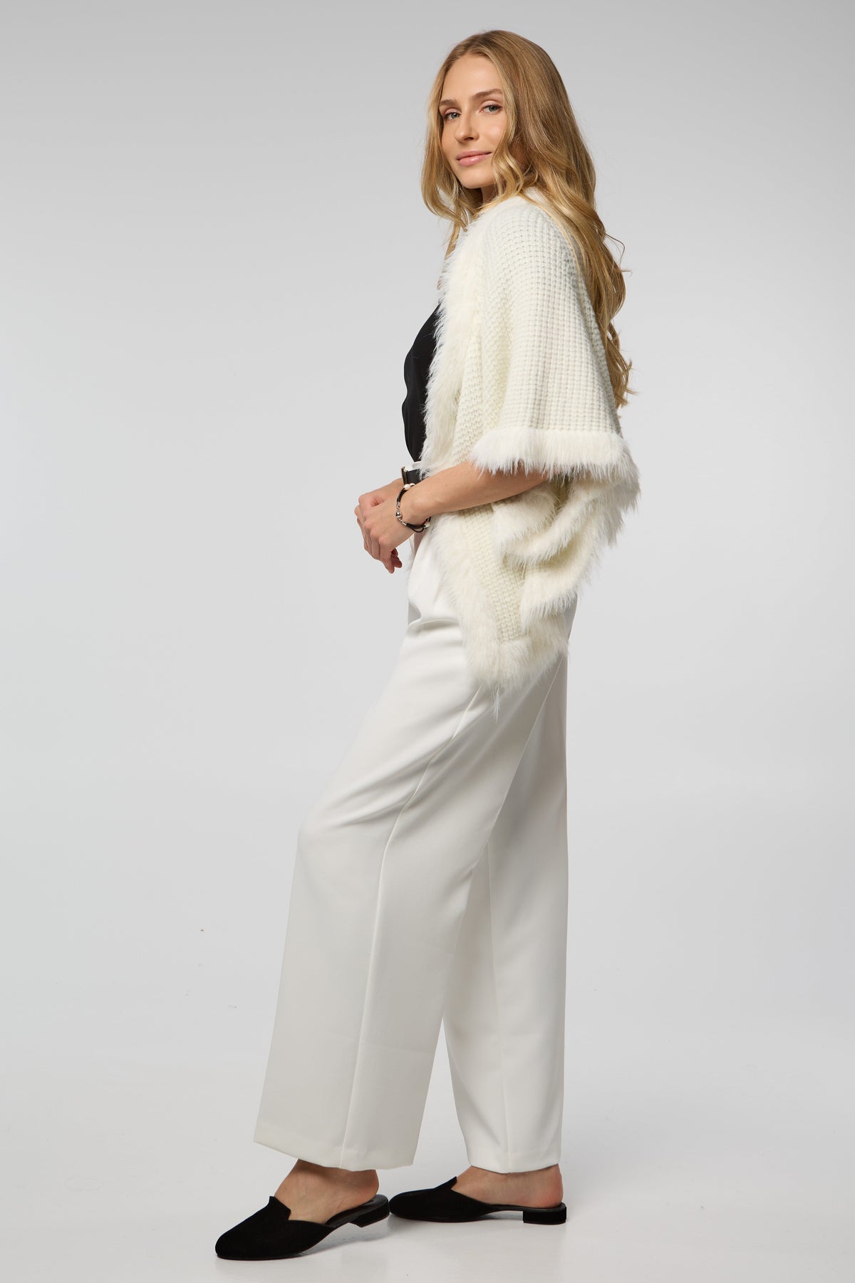 FUR TRIM KNIT OPEN CARDIGAN - White