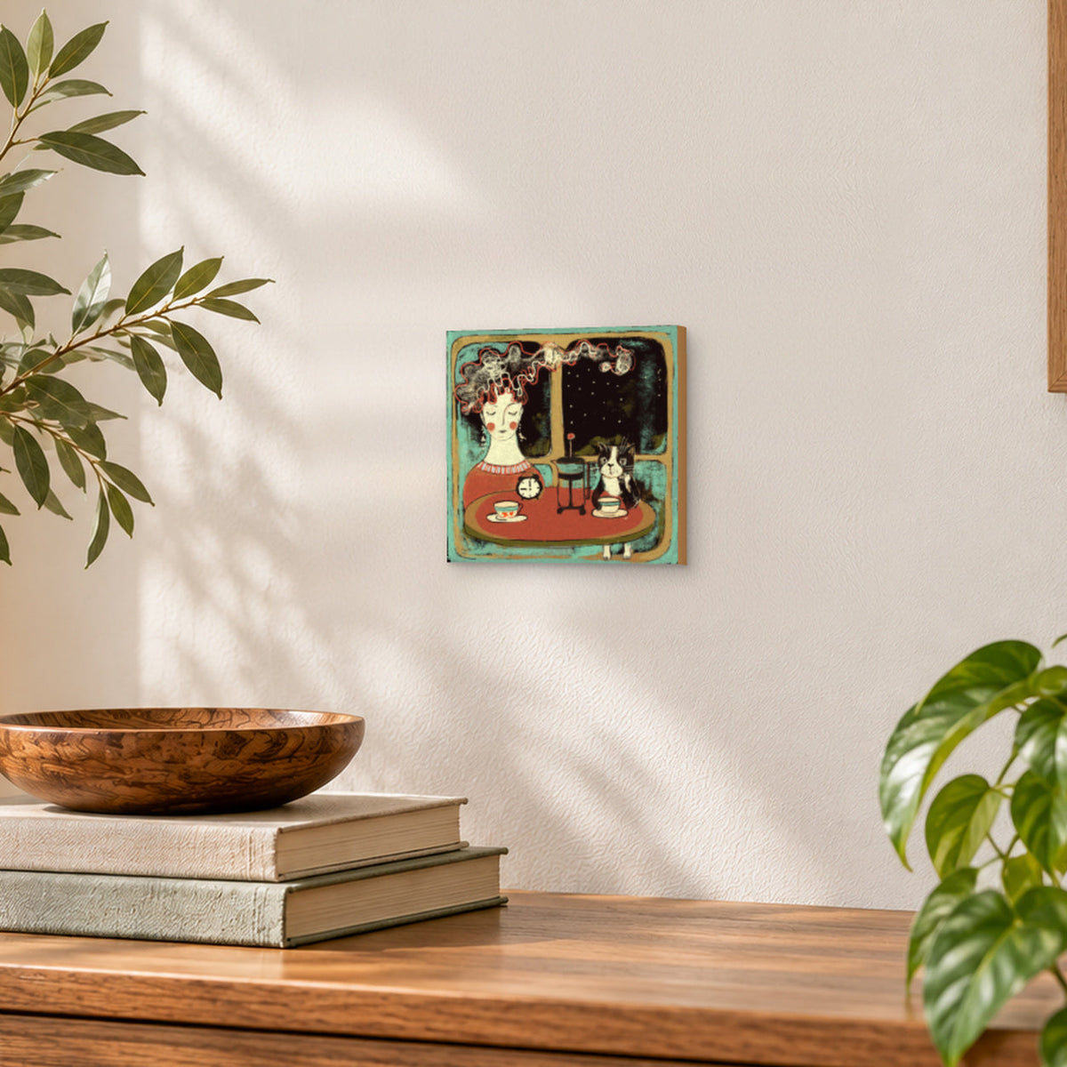 8×8 Coffee with Cat night scene art print on gesso board displayed in a room