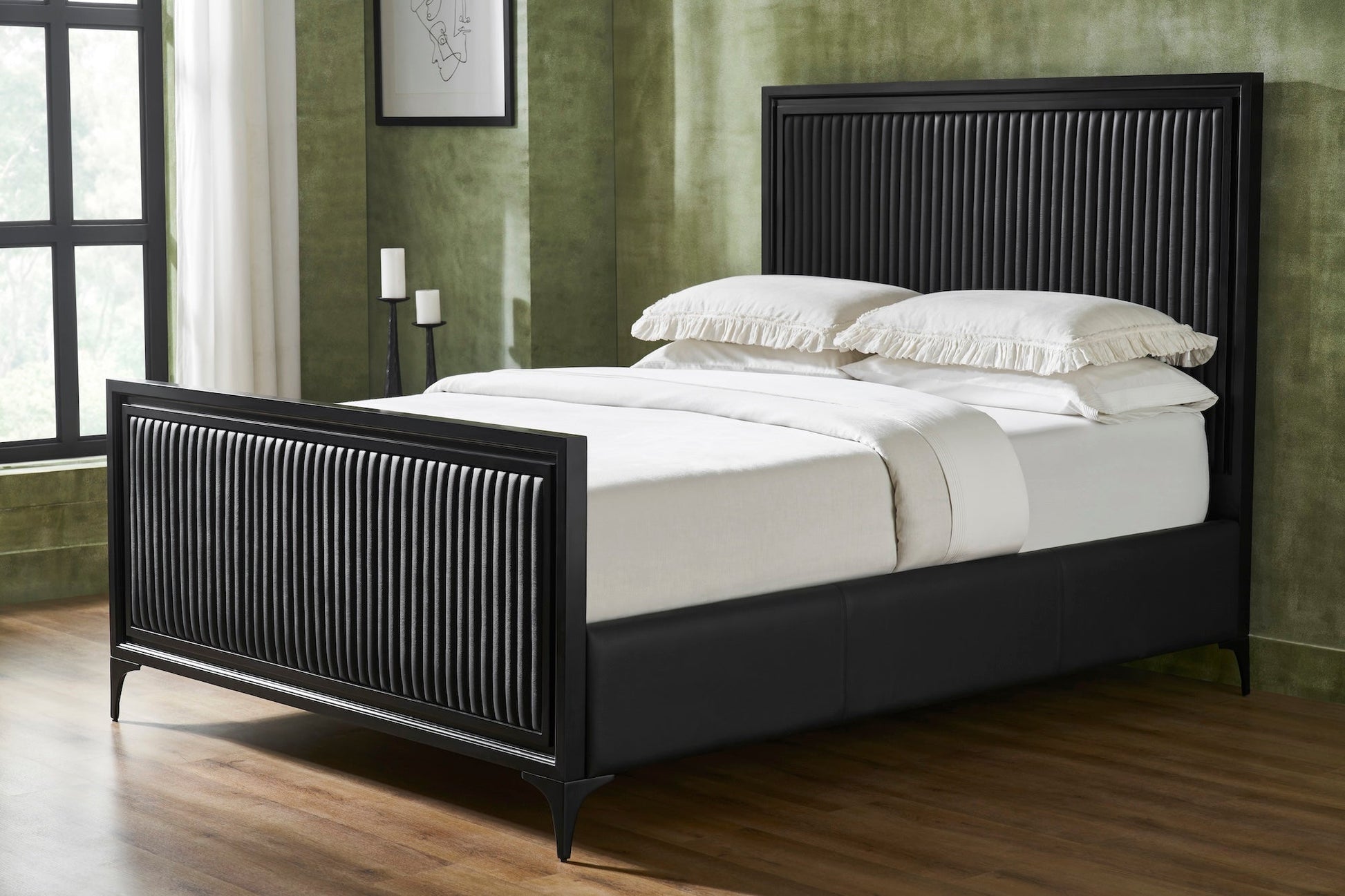 FN-5210-7680_1|Black channel tufted leather bed with black wooden frame, elegant bedroom furniture for modern luxury spaces.